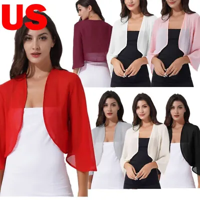 US Womens 3/4 Sleeve Bolero Chiffon Shrug Open Front Cropped Cardigans Outerwear • $10.22