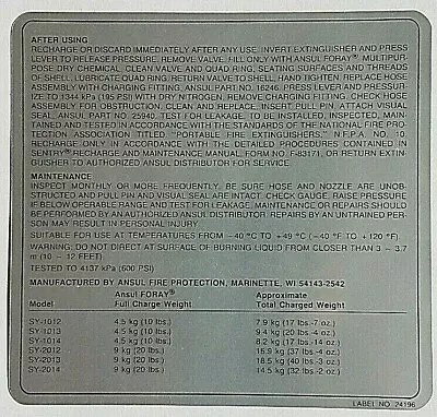 ANSUL Fire Extinguisher Maintenance Instruction Label   P/N 24196 • $5