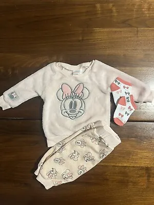 Disney 0to 3 Mo Minnie Mouse Sweat Outfit With Pants Fleece Warm Faux Fur Pink • $12