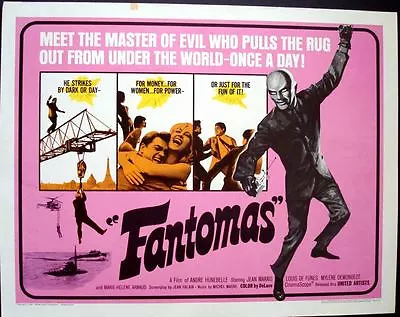 FANTOMAS Half Sheet Movie Poster 22x28 LOUIS DE FUNES JEAN MARAIS DEMONGEOT 1964 • $200