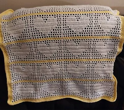 Handmade Crochet Love Heart  Baby Blanket Yellow And White Unisex Moses... • £24