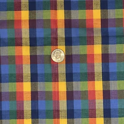 Vtg 60 70s Plaid Checked Fabric Colorful Cotton Blend Lightweight 2 Yards X 45  • $21.99