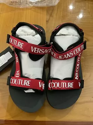 NWT 100% Versace Jeans Couture STRAP Sandals BLACK WITH RED STRIPES Men US 11 • $87