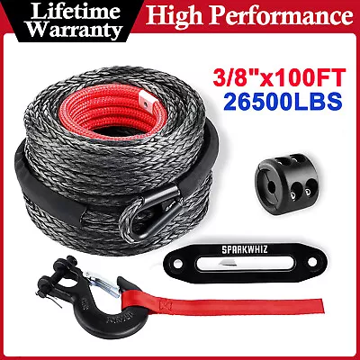 SPARKWHIZ 3/8 X100FT 26500LBS Synthetic Winch Rope Cable Kit Winch Cable Line • $98.99