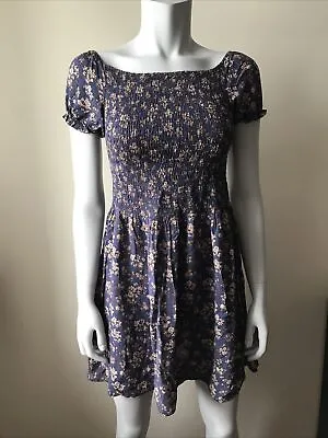 ZAFUL Blue/Brown Floral Shirred Puff Sleeve Mini Dress Size L (fits Like S) • £7.99