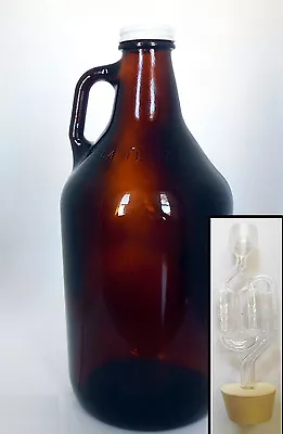 1/2 Gal. Amber Glass Jug  WITH STOPPER AIRLOCK & CAP 64 Oz Growler - Wine Beer  • $55.99