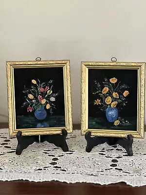 2 Vintage Floral Oil Paintings On Velvet With Gold Painted Wood Frames 6.5x5.5” • $39.95