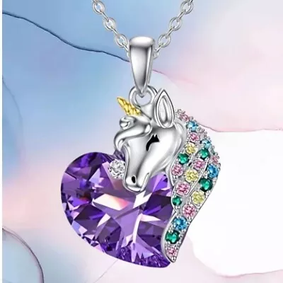 Silver Unicorn Necklace Crystal Purple Heart Pendant Chain Girls Womens Gift • £3.99