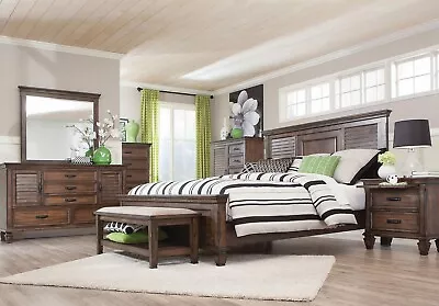 Coastal Design Furniture - 5 Piece Brown Oak Queen King Panel Bedroom Set IA73 • $2331.73