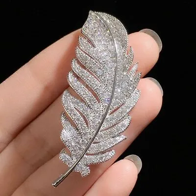 Women Men Crystal Feather Leaf Brooch Lapel Pins Wedding Suit Collar Clip Chain • £3.99
