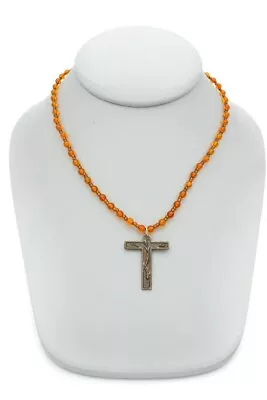 Vintage Amber Bead Cross Necklace 15.75  • $11.99