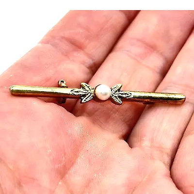 Vintage Bar Brooch Pin Gold Tone Faux Pearl Delicate Art Deco Design 1 3/4  • $10.50