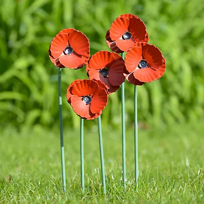 Metal Poppy X 5 Flower Garden Poppies Outdoor Remembrance 315 X 70mm Raw Metal • £24.95