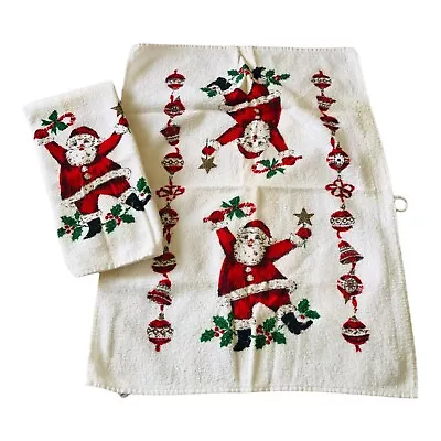 2 VTG Cannon Santa Christmas Holiday Hand Towels Set Terry Cloth ￼Kitschy Gold • $20.30