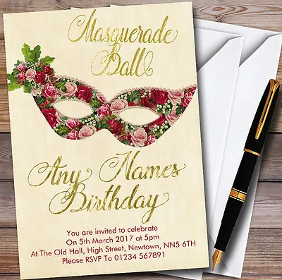 Red Roses Gold Masquerade Ball Personalised Party Invitations • £9.99