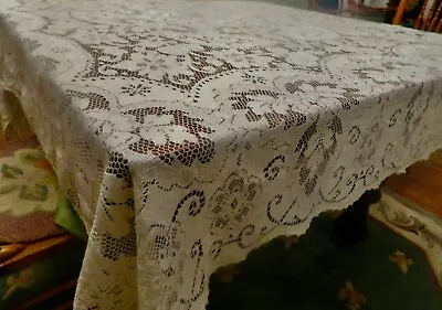 Vintage Quaker Style Lace Banquet Tablecloth Netting Picot Loop Hem Oblong 65X90 • $9.99