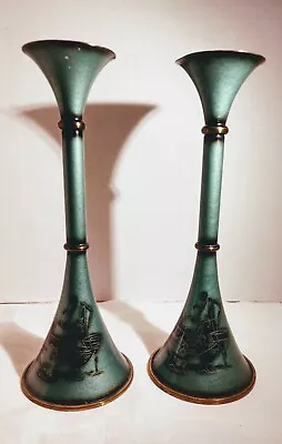 Vintage Oppenheim Israel Brass Green Verdigris Enamel Judaica Candlesticks  • $65