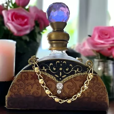 Vintage Enameled Frosted Handbag Perfume Bottle Brass Purple Crystal Prism Top • $24.99