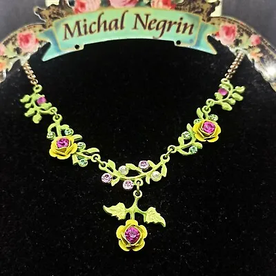 Michal Negrin Roses Necklace Yellow Fuchsia Flowers With Swarovski Crystals Gift • $71.20