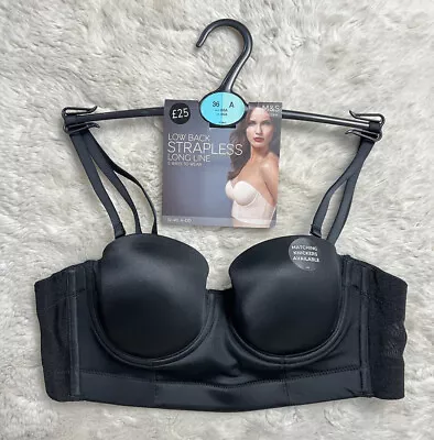 M&S Low Back Strapless Long Line 5 Ways To Wear Black Bra Size: 36A • £12.99