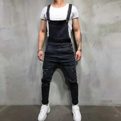 Mens Denim Rompers Male Ripped Jeans Shorts Stretch Pants Suspender Trousers • $44.67