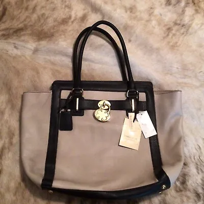 $150 • Buy NWT 2014 EMMA FOX Cambridge Wing Tote Oatmeal Black Leather Front Lock Satchel