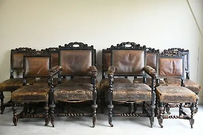 10 Victorian Oak & Leather Dining Chairs Carvers • £895