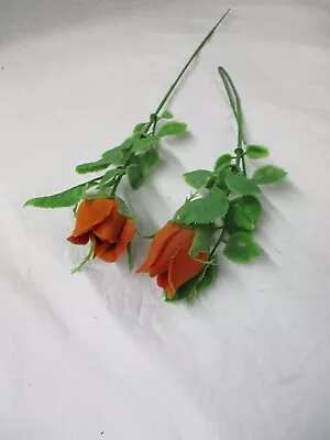 2 Vintage Flocked Red Stem Roses With Green Plastic Leaves • $5