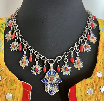 Kabyle Enamel Berber Tuareg Khamsa Hamsa Meditarian Coral Rolo Berber Necklace • $272.85