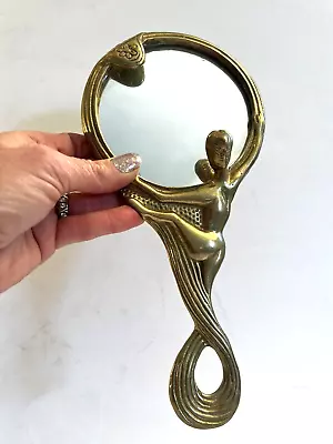 Brass Hand Mirror Women Handle Swirl Flowers Art Nouveau Nude Woman Beautiful! • $59.99