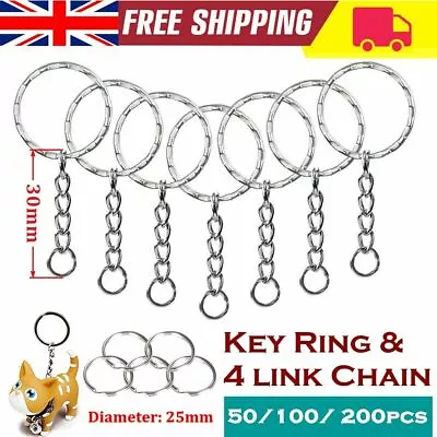 100/200pcs 25mm Silver Split Key Ring Blanks Tone Key Chains Rings 4 Link Chain • £9.59