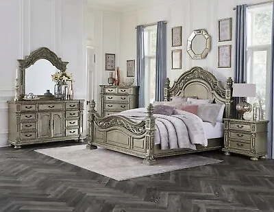 4 Pc Scrollwork Platinum Gold King Bed Ns Dresser Mirror Bedroom Furniture Set • $2699