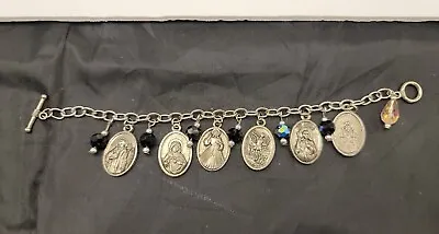Vintage Silvertone 6 Charm Bracelet Catholic Medals St.  Jude Benedict Michael  • $16.65