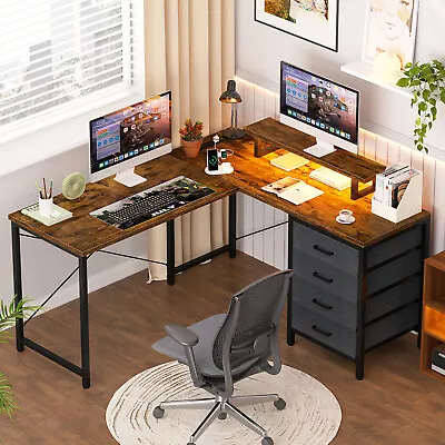 2024 NEW L Shaped Home Office Desk W/ File Drawer Computer Desk LED Gaming Desk • $148.99