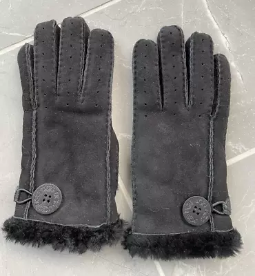 Ugg Womens Bailey Button Sheepskin Leather Gloves Black Shearling Sz M EUC • $56.95