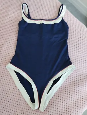 Navy Blue White Trim Swimming Costume Underwired Lined Swimsuit Huit 8 34C VGC • $6.22