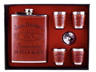 Jack Daniels Jd Whiskey Hip Flask & Shot Glass Collectable Leather Gift Set New • $34.95