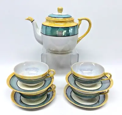 Vintage Lusterware Japan Tea Set Teapot Cups Saucers Yellow & Aqua Bands 9 Pcs • $27