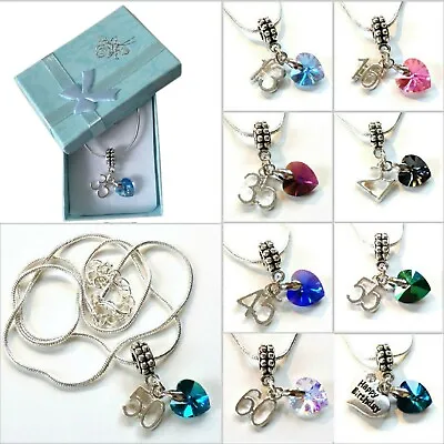 Pretty CRYSTAL HEART With AGE Charm Necklace & GIFT BOX ~ 14 Colour Designs • £5.99