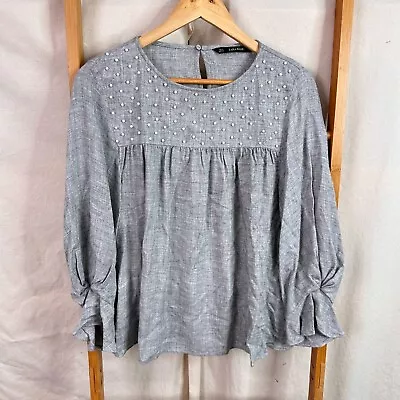 Zara Top Womens Medium Grey Long Sleeve Beaded Pleated Relaxed Fit Top • $16.95