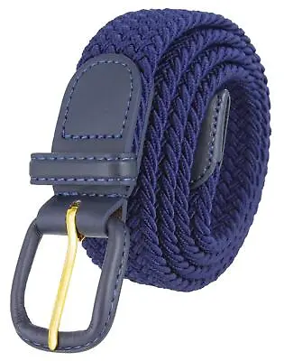 Navy Stretch Belt Leather Covered Buckle Woven Elastic Stretch Belt 1-1/4  Wide • $12.50