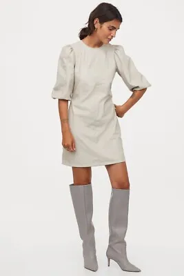 NEW H&M Faux Leather Mini Dress Puff Sleeve Cream Size XS • $39.99