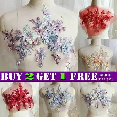 DIY Lace Applique Beads Tulle  Wedding Party Dress Crafts 3D Flowers Embroidery • £6.39