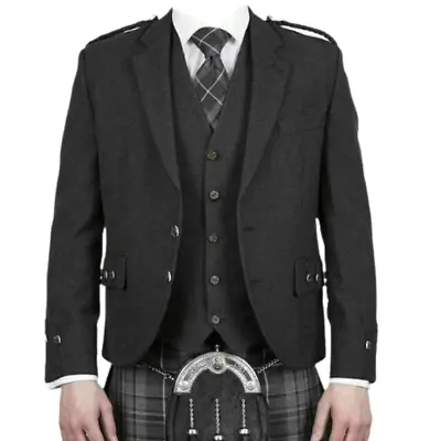 £64.99 • Buy Scottish Argyle Kilt Jacket & Vest Charcoal Grey Wool Men Wedding Jacket