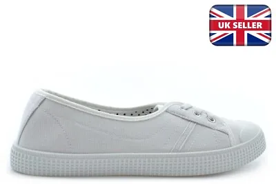 Womens Canvas Shoes Ladies Canvas Pumps Girls Pumps Slip On All White Pumps Size • £11.83