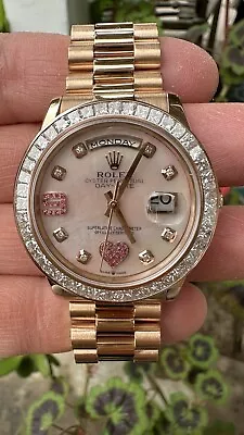 Rolex President 36mm 118205 Ruby Heart Dial Baguette Diamond Bezel 18k Rose Gold • $42900