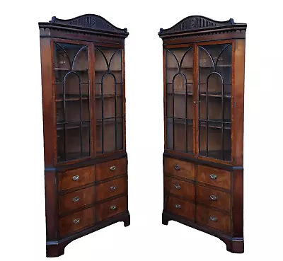 Rare Pair Antique Mahogany Schmieg & Kotzian NY Corner Cabinet Cupboards C1930s • $2250