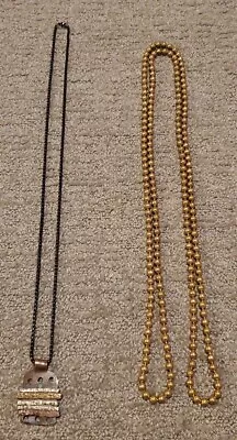 Vintage Long Brass Ball Beaded Necklace & Geometric Hammered Metal Necklace Lot • $24.99