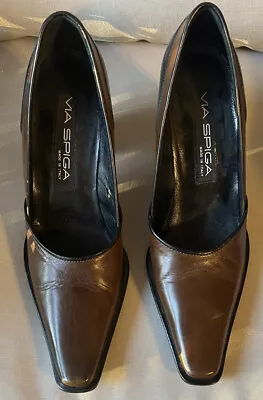 Via Spiga Women Black Brown Dress Leather Pumps High Heel Shoes Made In Italy • $16