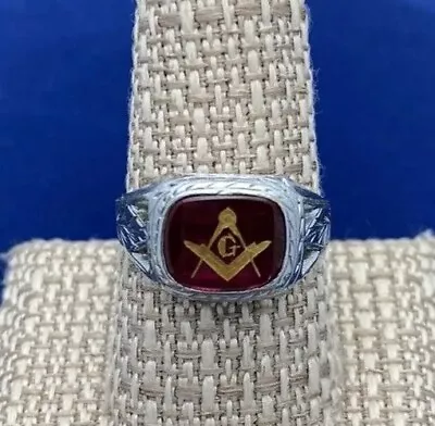 MASONIC 14kK White GOLD RED RUBY Vtg MENS SIGNET RING Sz 10  Art Deco 8.7g Inlay • $395